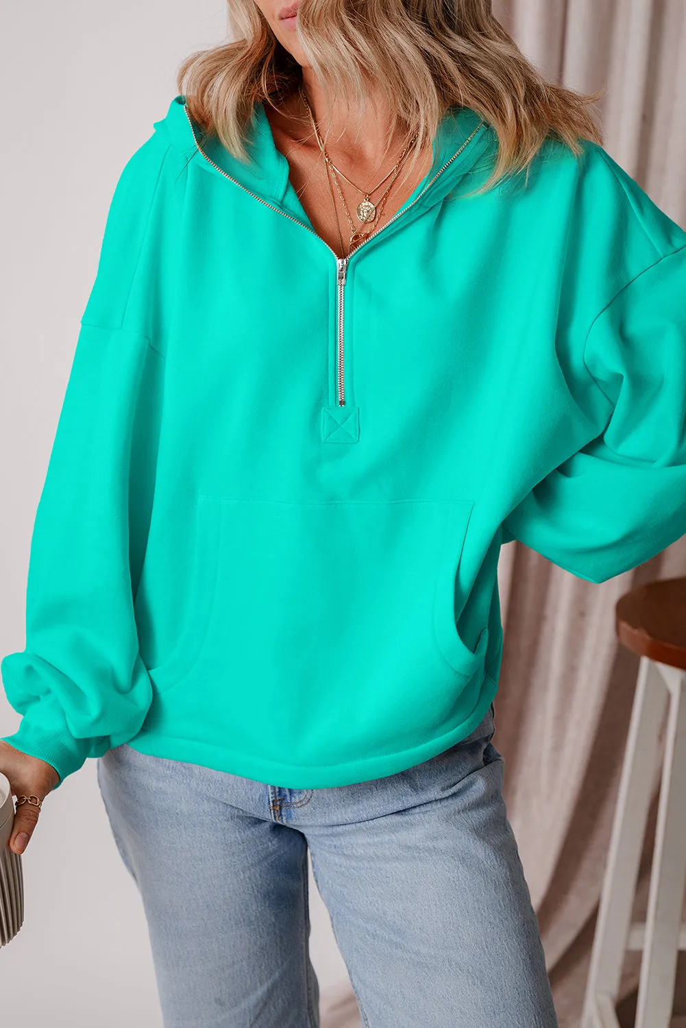 Light Grey Fleece Lined Half Zipper Kangaroo Pockets Loose Hoodie