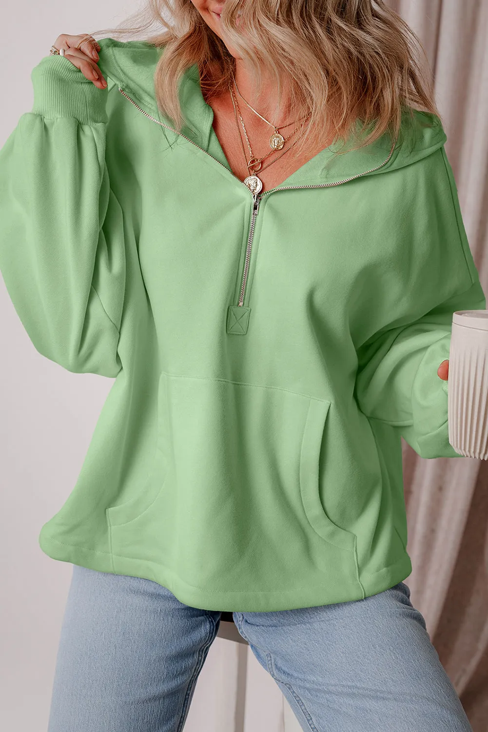 Light Grey Fleece Lined Half Zipper Kangaroo Pockets Loose Hoodie