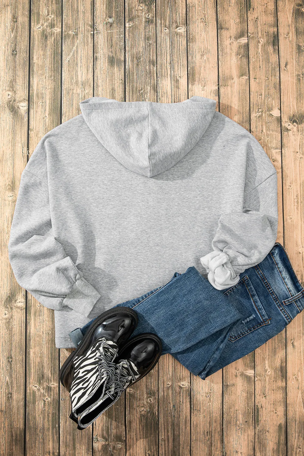 Light Grey Fleece Lined Half Zipper Kangaroo Pockets Loose Hoodie