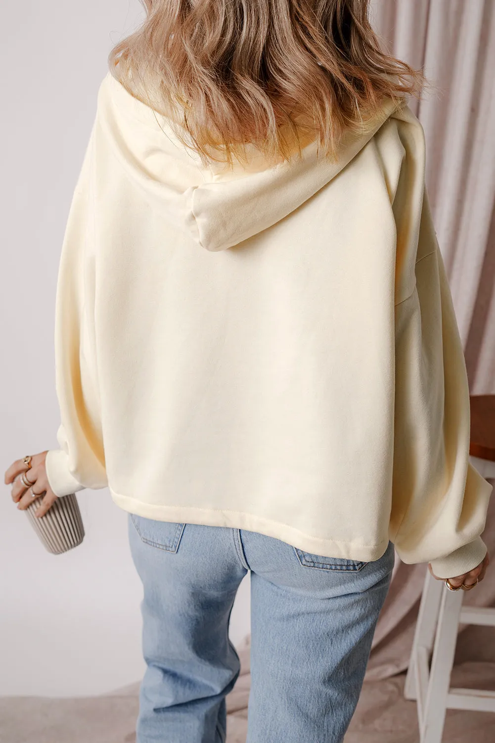 Light Grey Fleece Lined Half Zipper Kangaroo Pockets Loose Hoodie