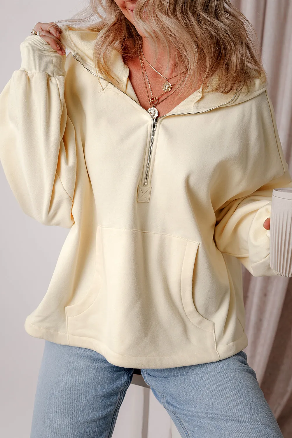 Light Grey Fleece Lined Half Zipper Kangaroo Pockets Loose Hoodie