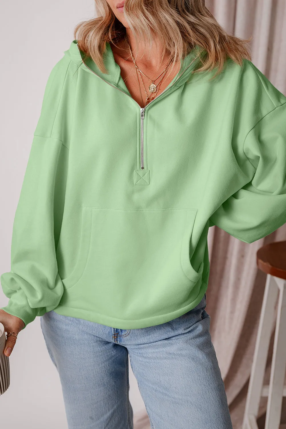 Light Grey Fleece Lined Half Zipper Kangaroo Pockets Loose Hoodie