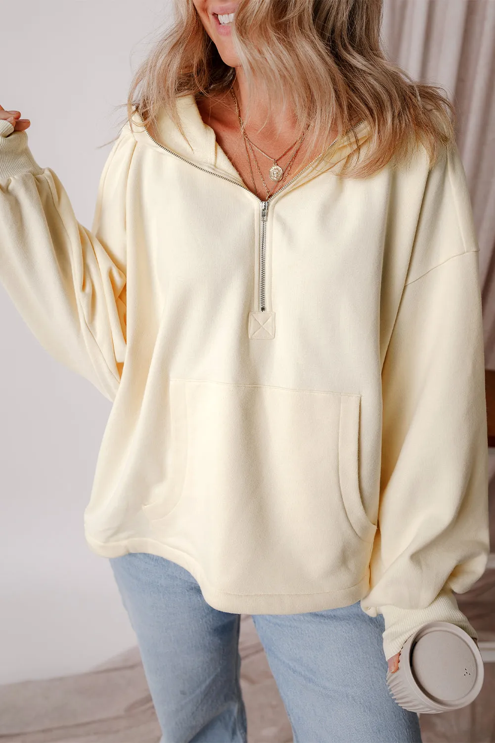 Light Grey Fleece Lined Half Zipper Kangaroo Pockets Loose Hoodie