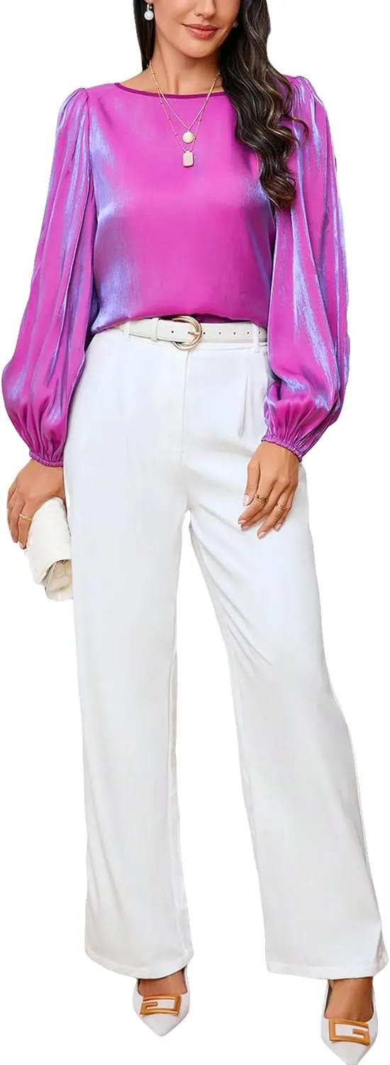 MakeMeChic Women's Solid Lantern Long Sleeve Round Neck Satin Blouse Casual Shirt Top