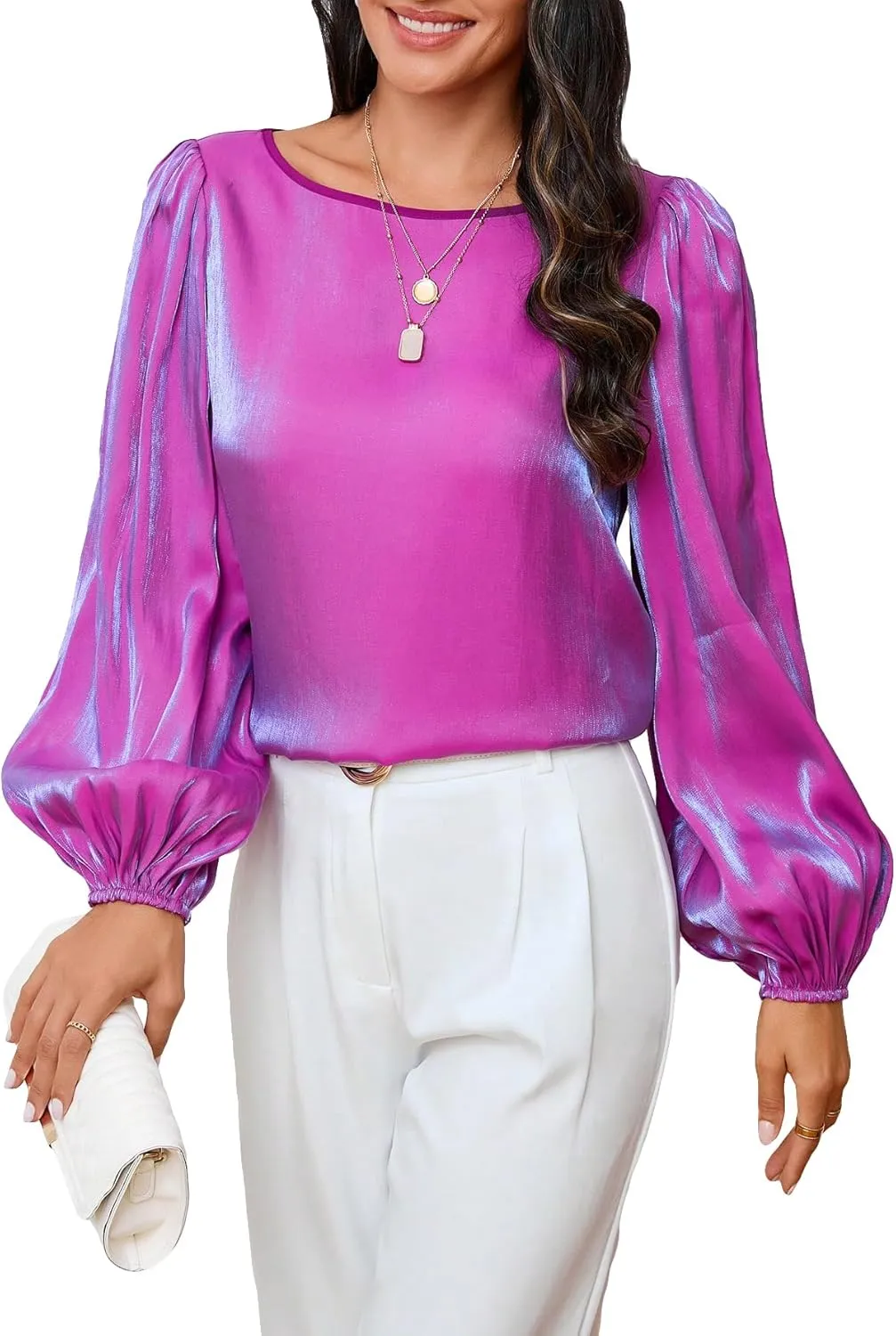 MakeMeChic Women's Solid Lantern Long Sleeve Round Neck Satin Blouse Casual Shirt Top