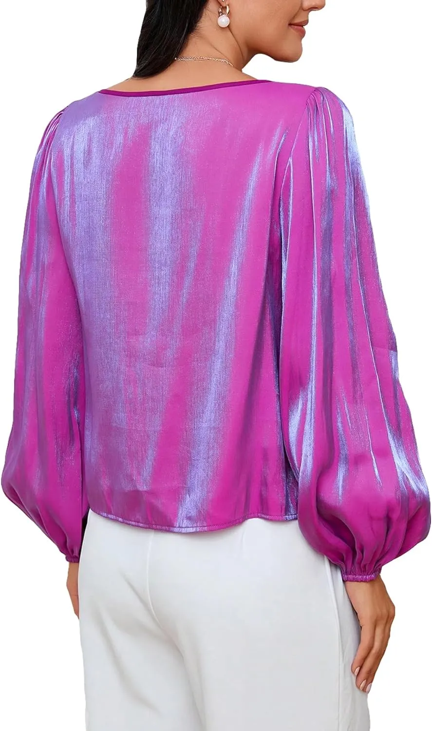 MakeMeChic Women's Solid Lantern Long Sleeve Round Neck Satin Blouse Casual Shirt Top