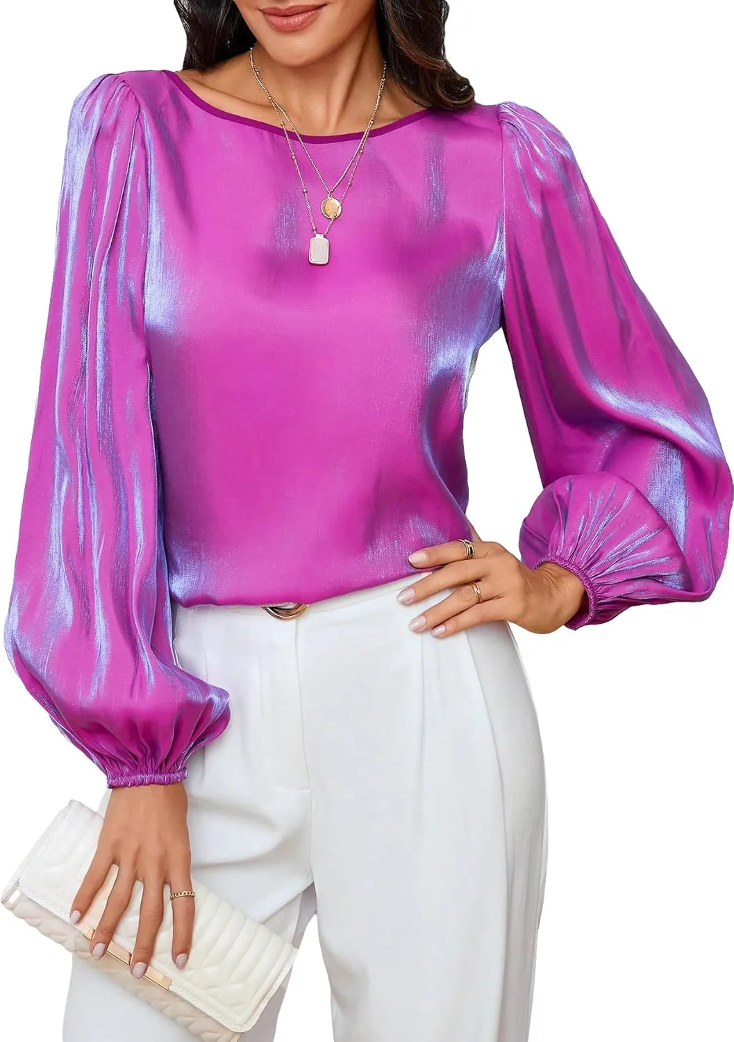 MakeMeChic Women's Solid Lantern Long Sleeve Round Neck Satin Blouse Casual Shirt Top