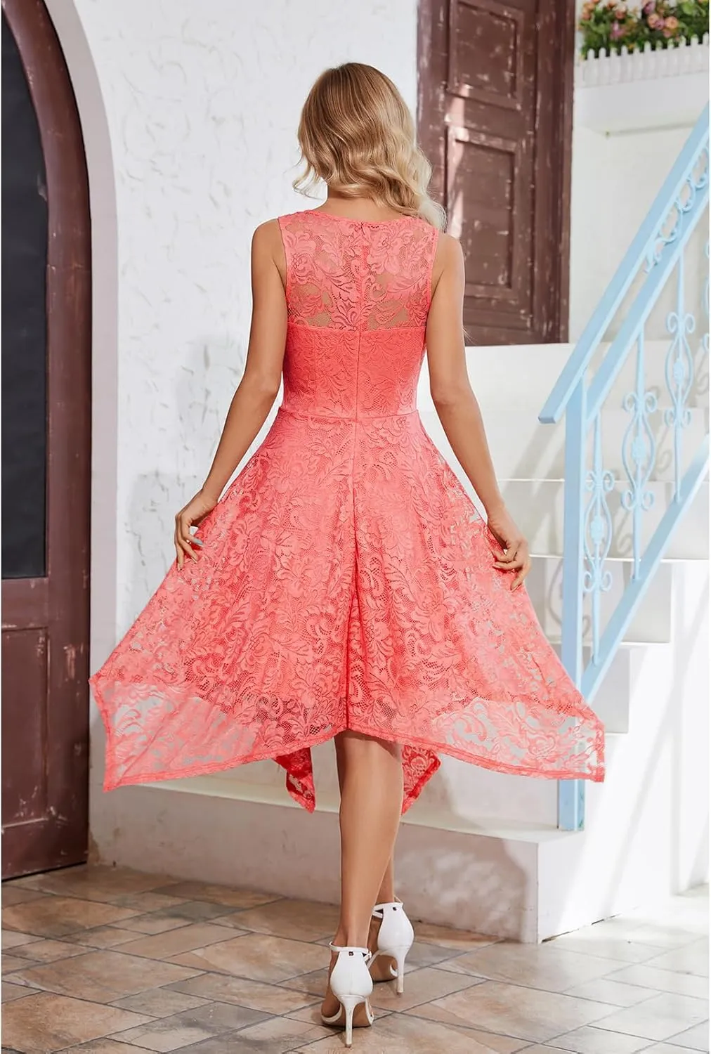Meetjen Women's Cocktail Party Dresses 2025 Handkerchief Hem Lace Formal Wedding Guest Bridesmaid Fancy Prom Dress