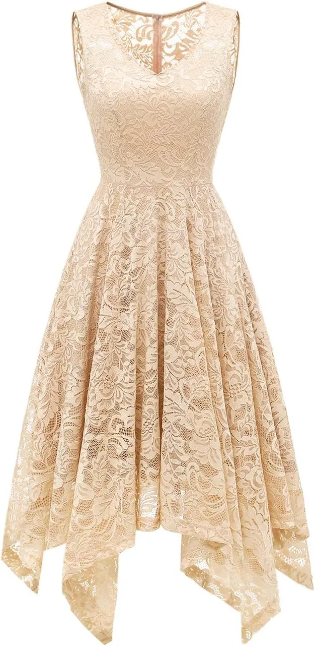 Meetjen Women's Cocktail Party Dresses 2025 Handkerchief Hem Lace Formal Wedding Guest Bridesmaid Fancy Prom Dress