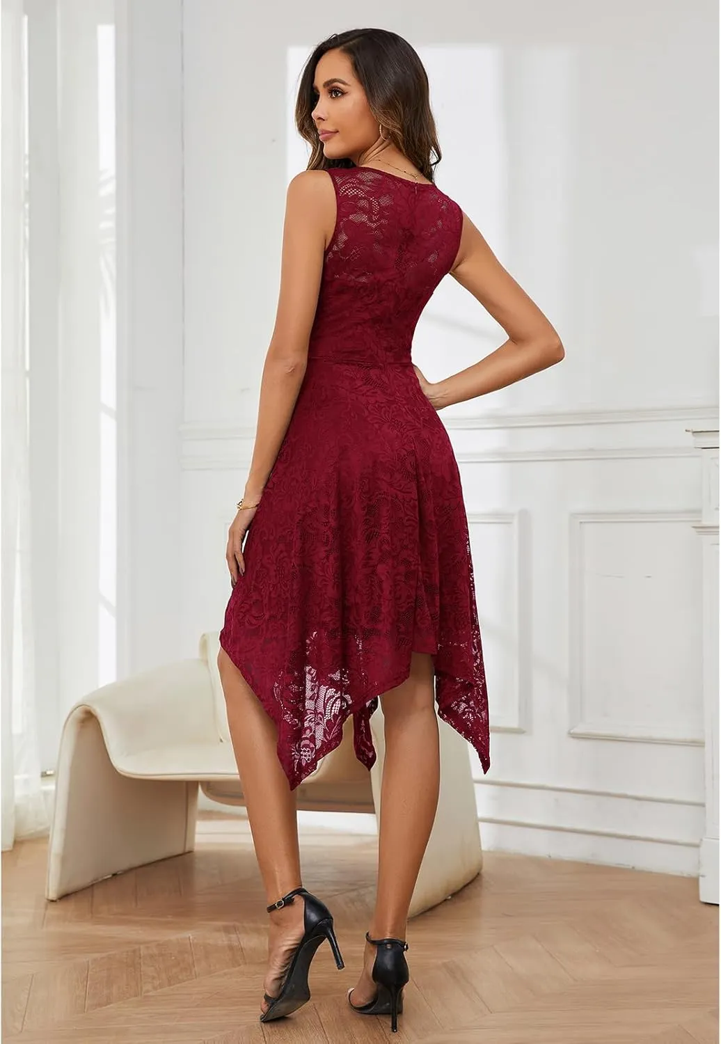 Meetjen Women's Cocktail Party Dresses 2025 Handkerchief Hem Lace Formal Wedding Guest Bridesmaid Fancy Prom Dress