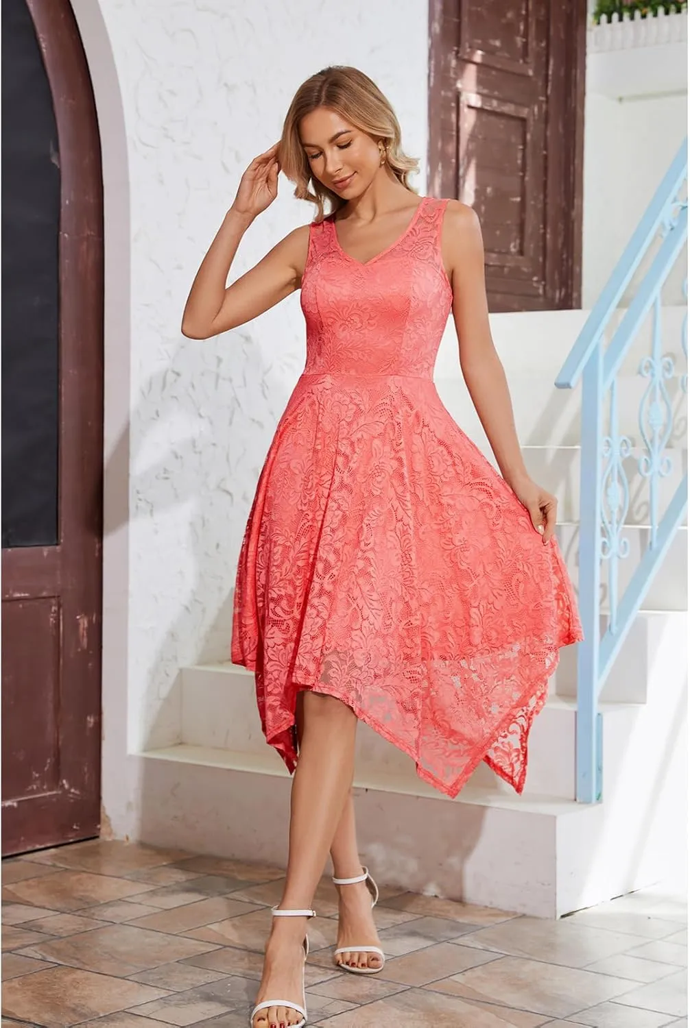 Meetjen Women's Cocktail Party Dresses 2025 Handkerchief Hem Lace Formal Wedding Guest Bridesmaid Fancy Prom Dress