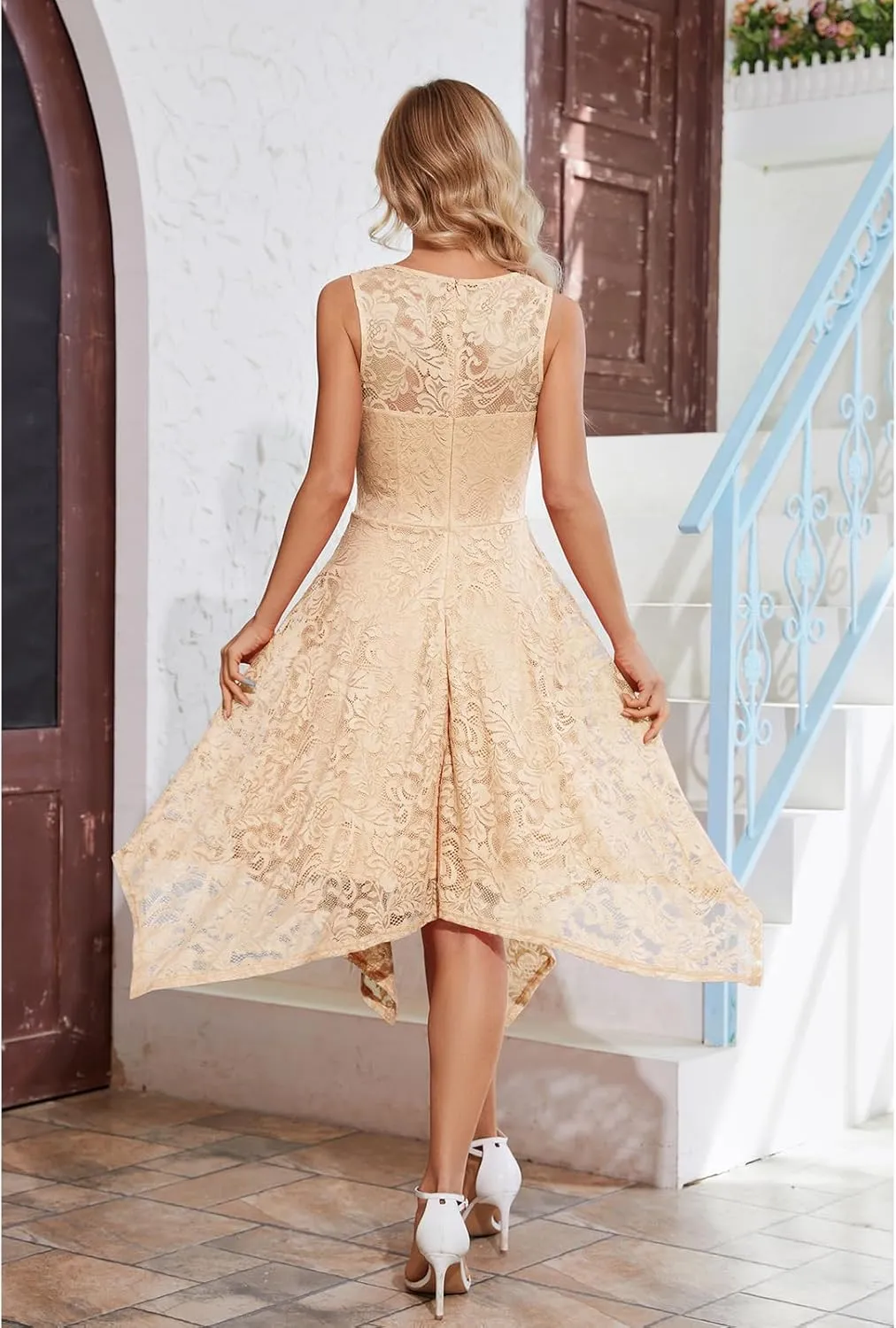 Meetjen Women's Cocktail Party Dresses 2025 Handkerchief Hem Lace Formal Wedding Guest Bridesmaid Fancy Prom Dress