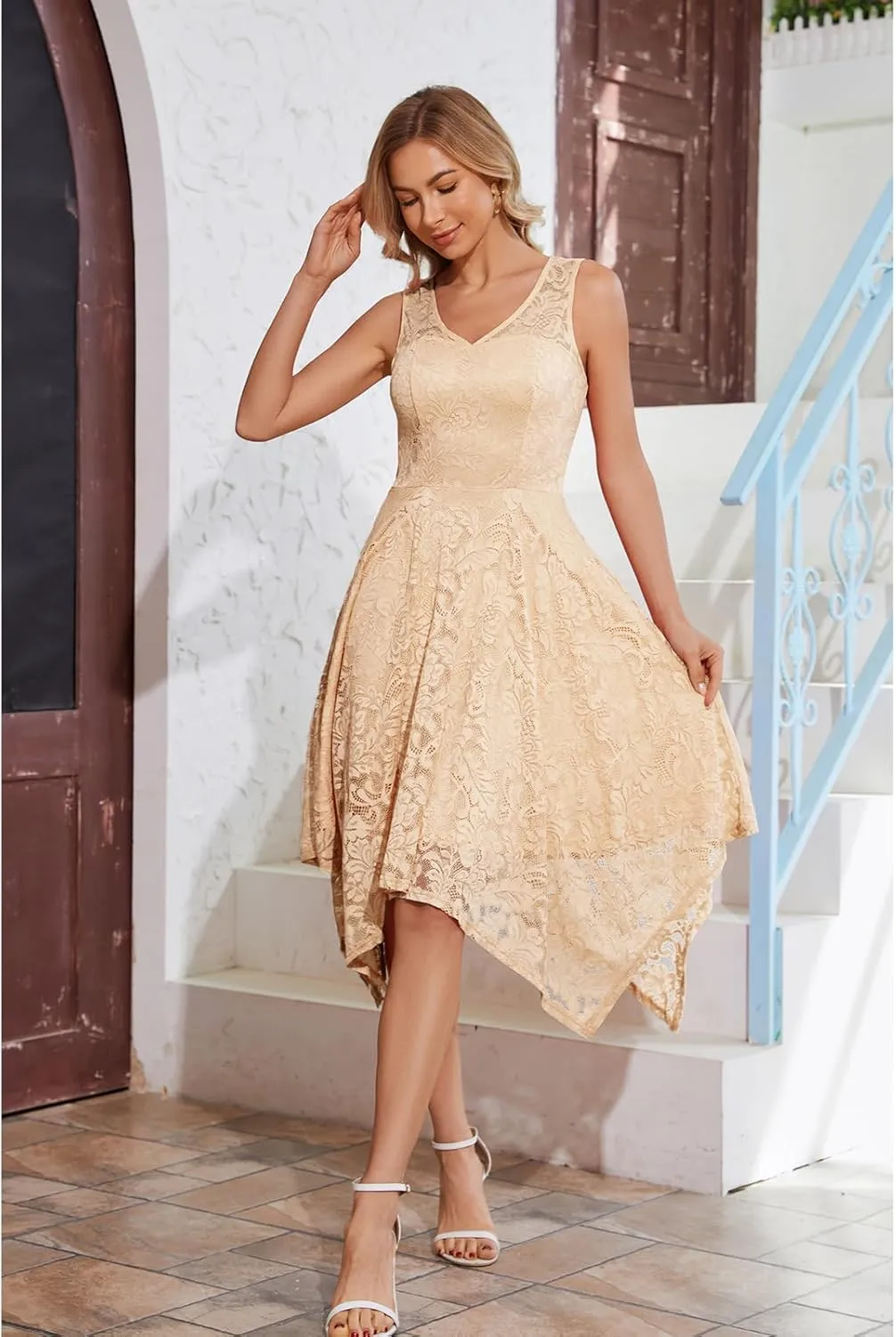Meetjen Women's Cocktail Party Dresses 2025 Handkerchief Hem Lace Formal Wedding Guest Bridesmaid Fancy Prom Dress