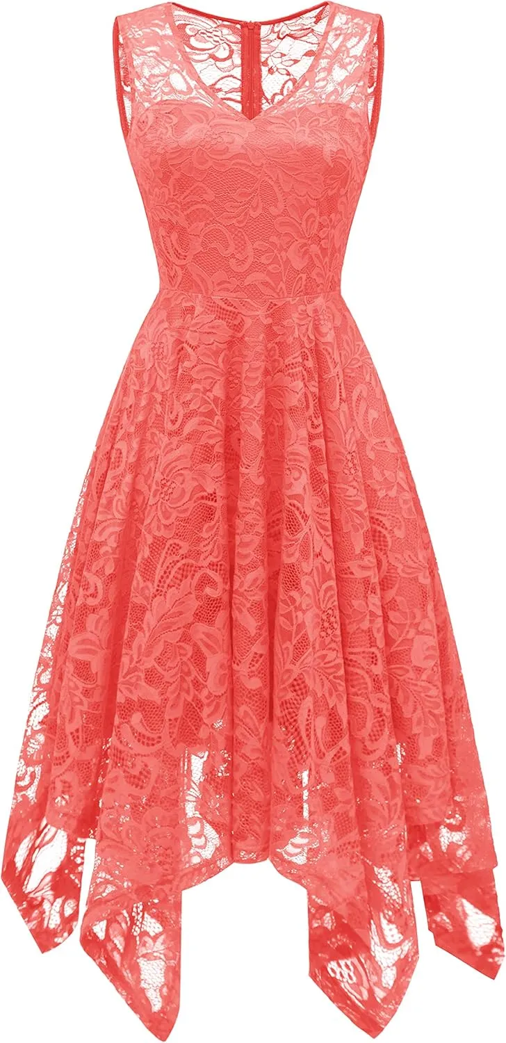 Meetjen Women's Cocktail Party Dresses 2025 Handkerchief Hem Lace Formal Wedding Guest Bridesmaid Fancy Prom Dress