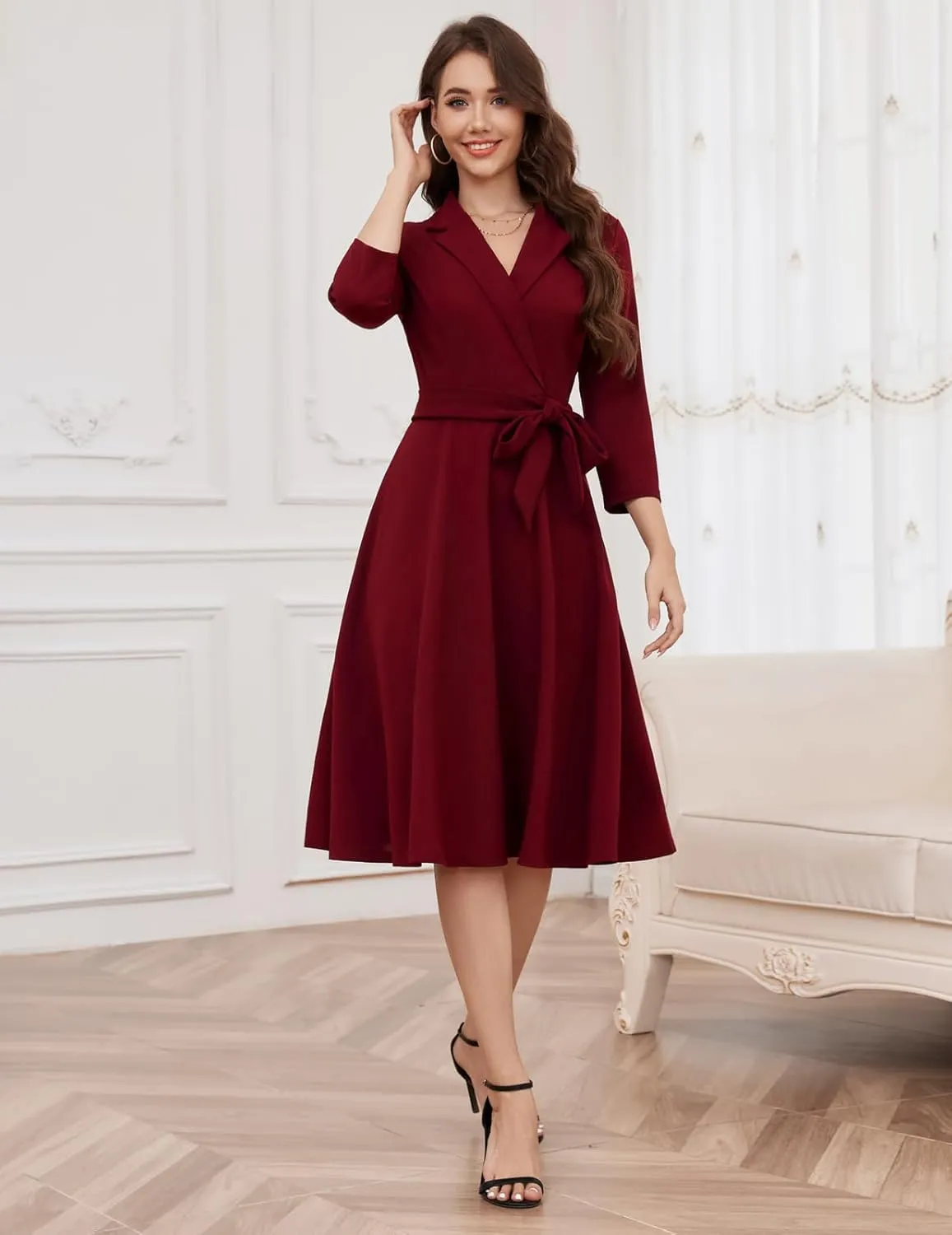 Meetjen Women's V-Neck Formal Dresses 3/4 Sleeve Modest Church Fit and Flare Cocktail Dress for Wedding Guest