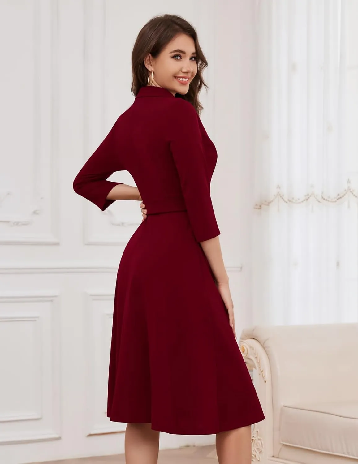 Meetjen Women's V-Neck Formal Dresses 3/4 Sleeve Modest Church Fit and Flare Cocktail Dress for Wedding Guest