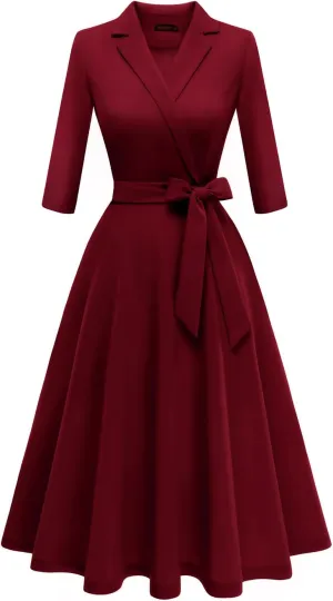 Meetjen Women's V-Neck Formal Dresses 3/4 Sleeve Modest Church Fit and Flare Cocktail Dress for Wedding Guest