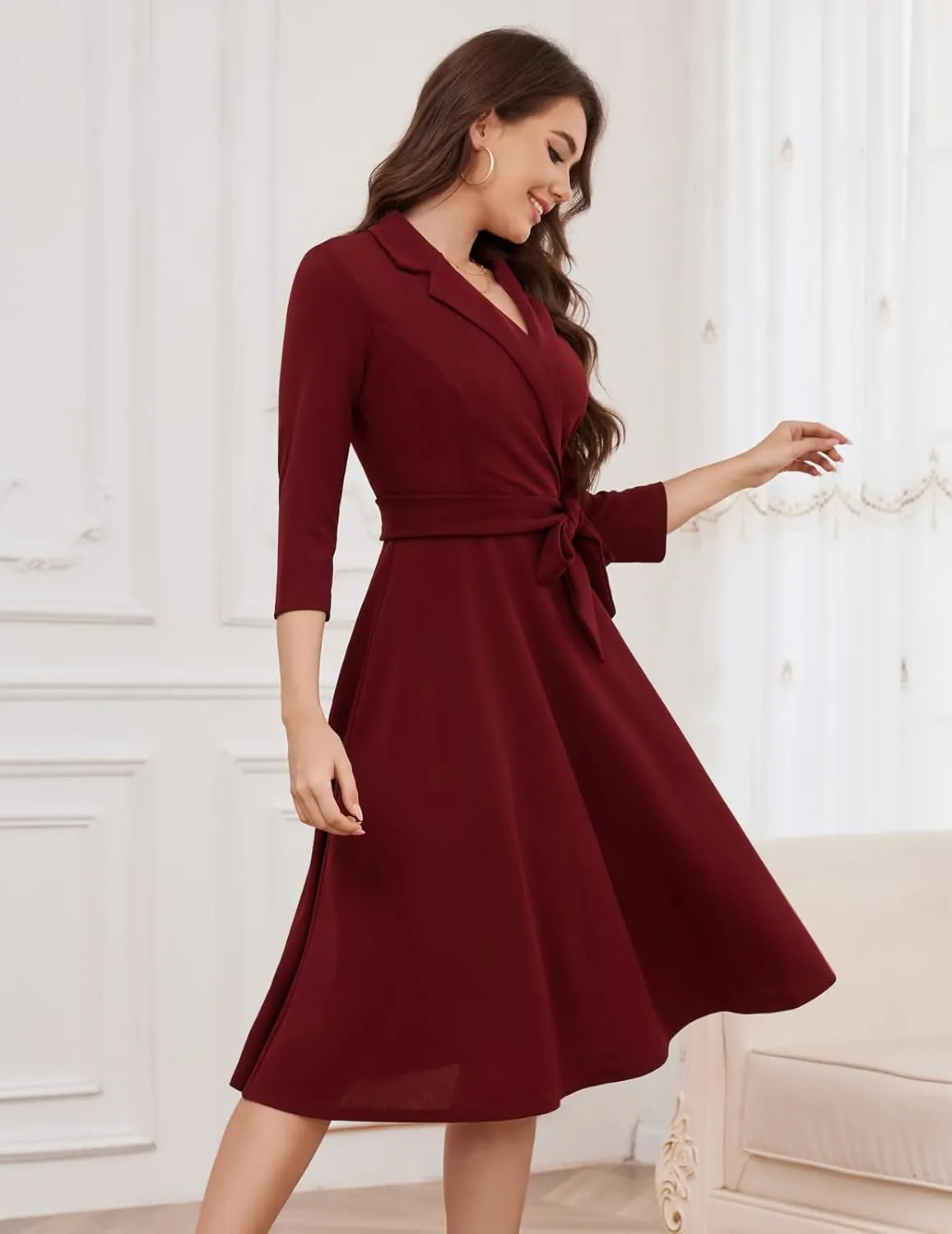 Meetjen Women's V-Neck Formal Dresses 3/4 Sleeve Modest Church Fit and Flare Cocktail Dress for Wedding Guest