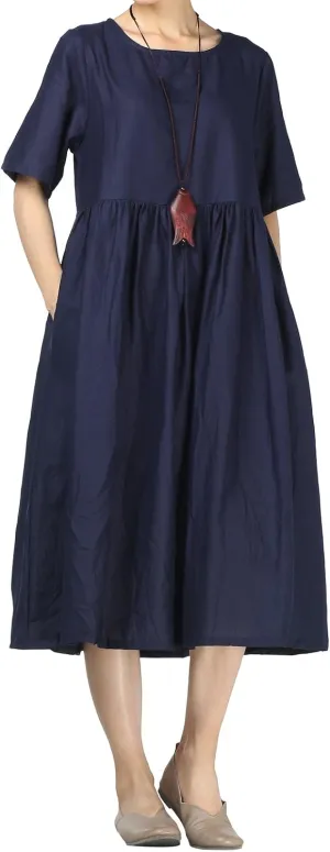 Minibee Women's Linen Tunic Summer Dress Casual Midi Dresses with Pockets