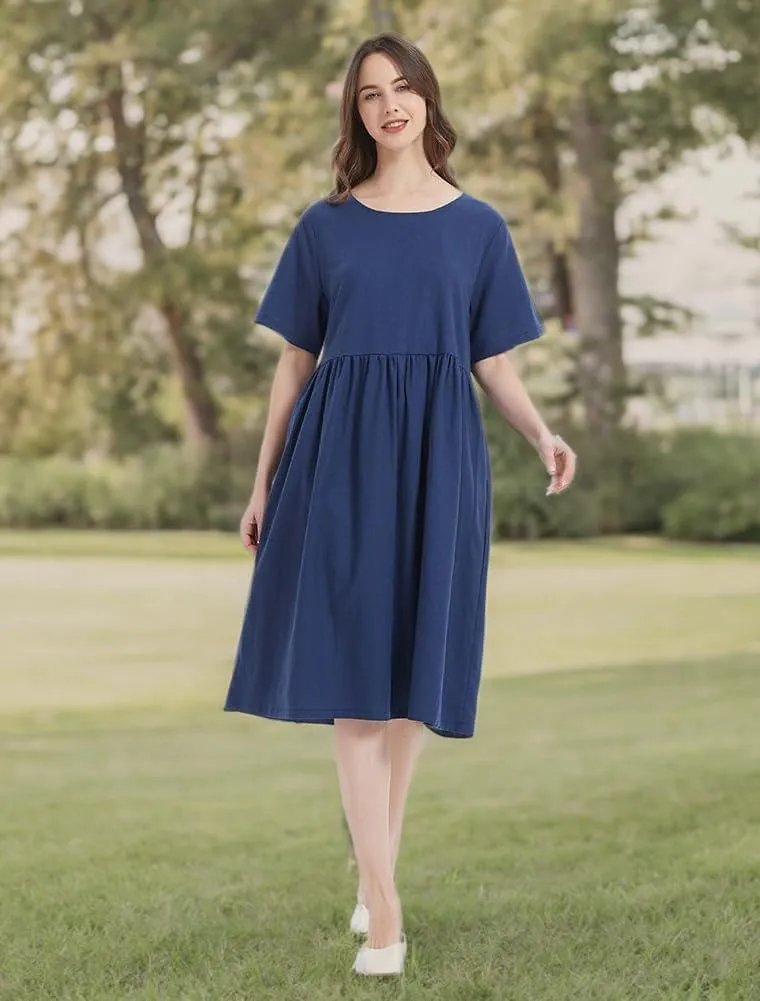 Minibee Women's Linen Tunic Summer Dress Casual Midi Dresses with Pockets