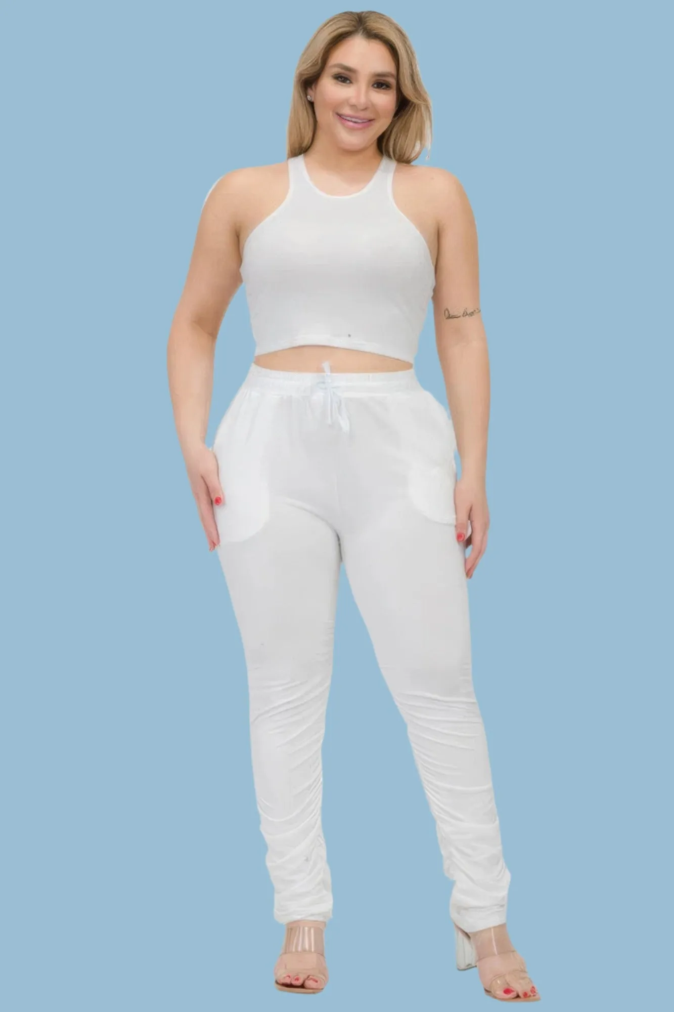 Plus Size Crop Tank Top & Ruched Pants Set