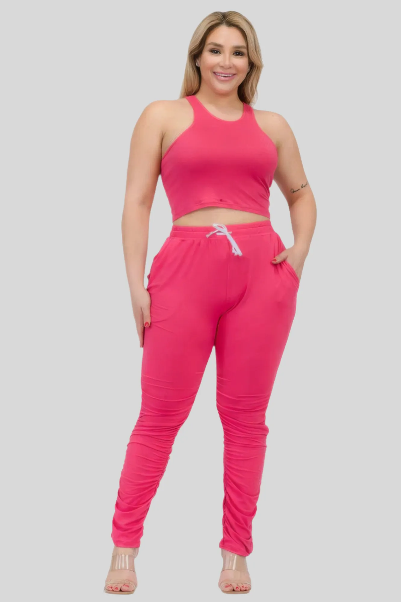 Plus Size Crop Tank Top & Ruched Pants Set