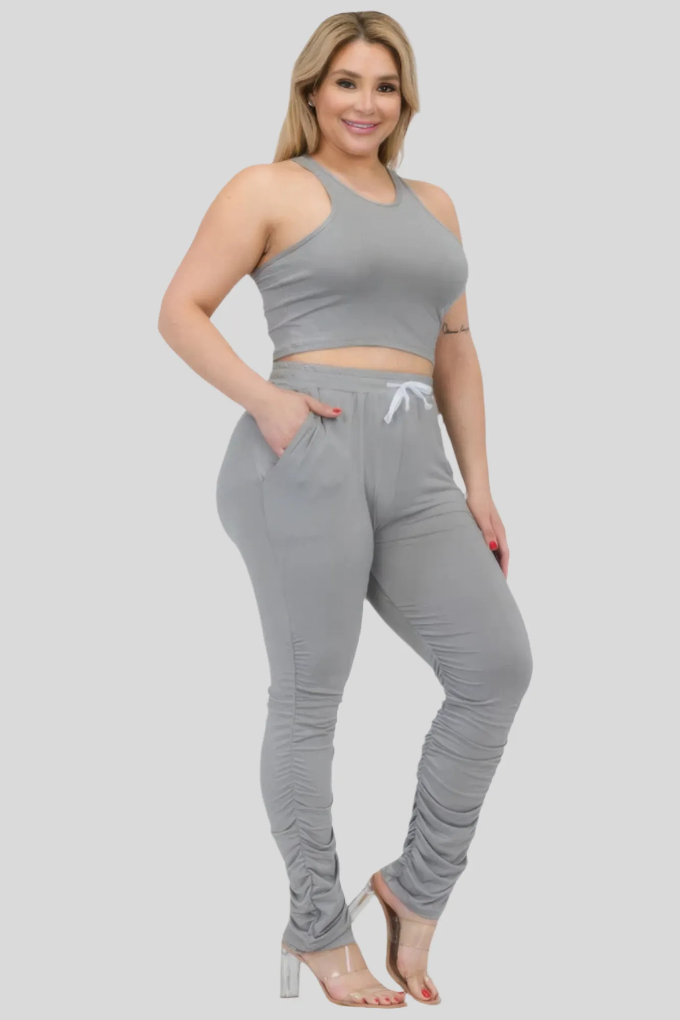 Plus Size Crop Tank Top & Ruched Pants Set