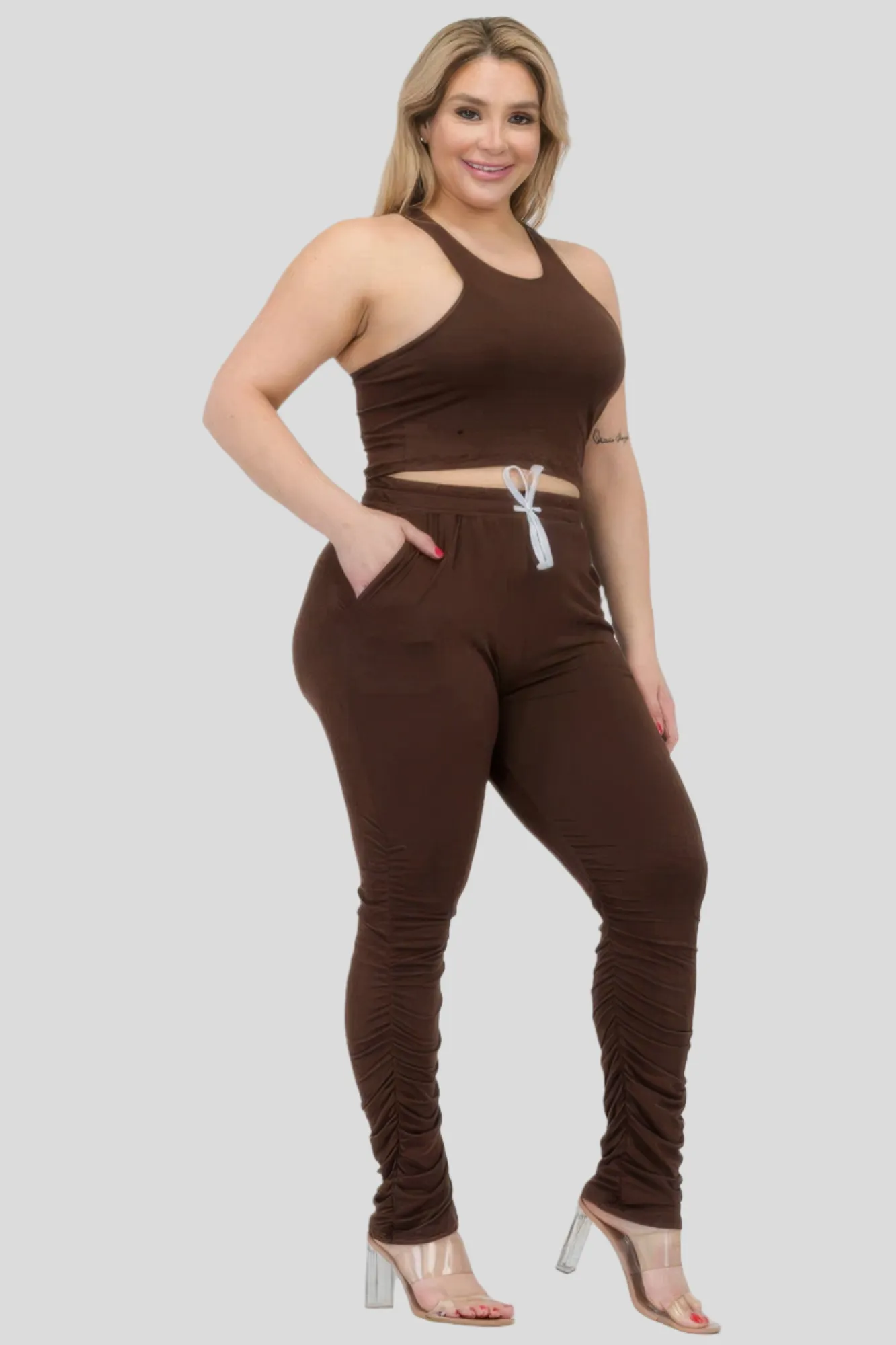Plus Size Crop Tank Top & Ruched Pants Set