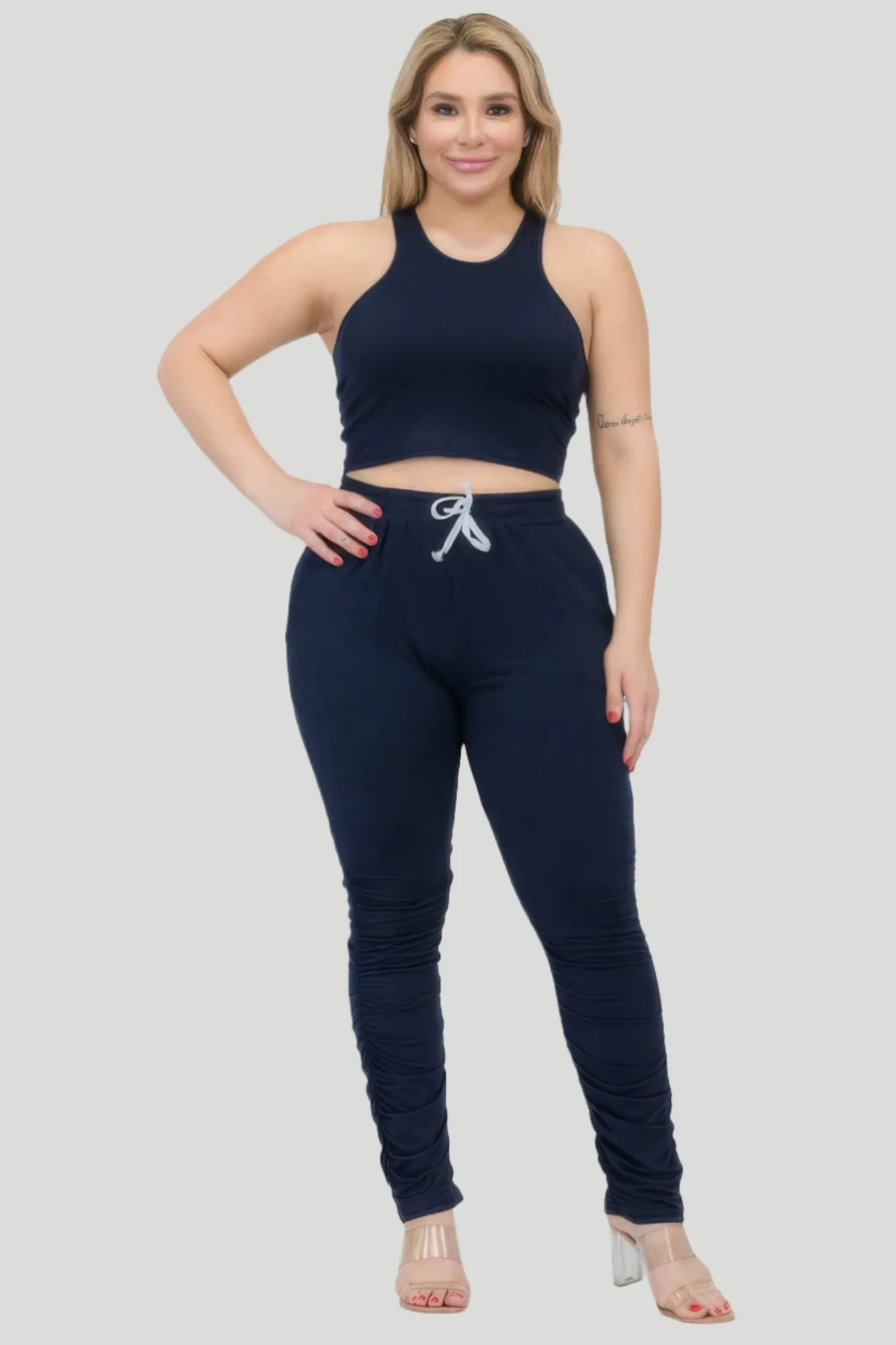 Plus Size Crop Tank Top & Ruched Pants Set