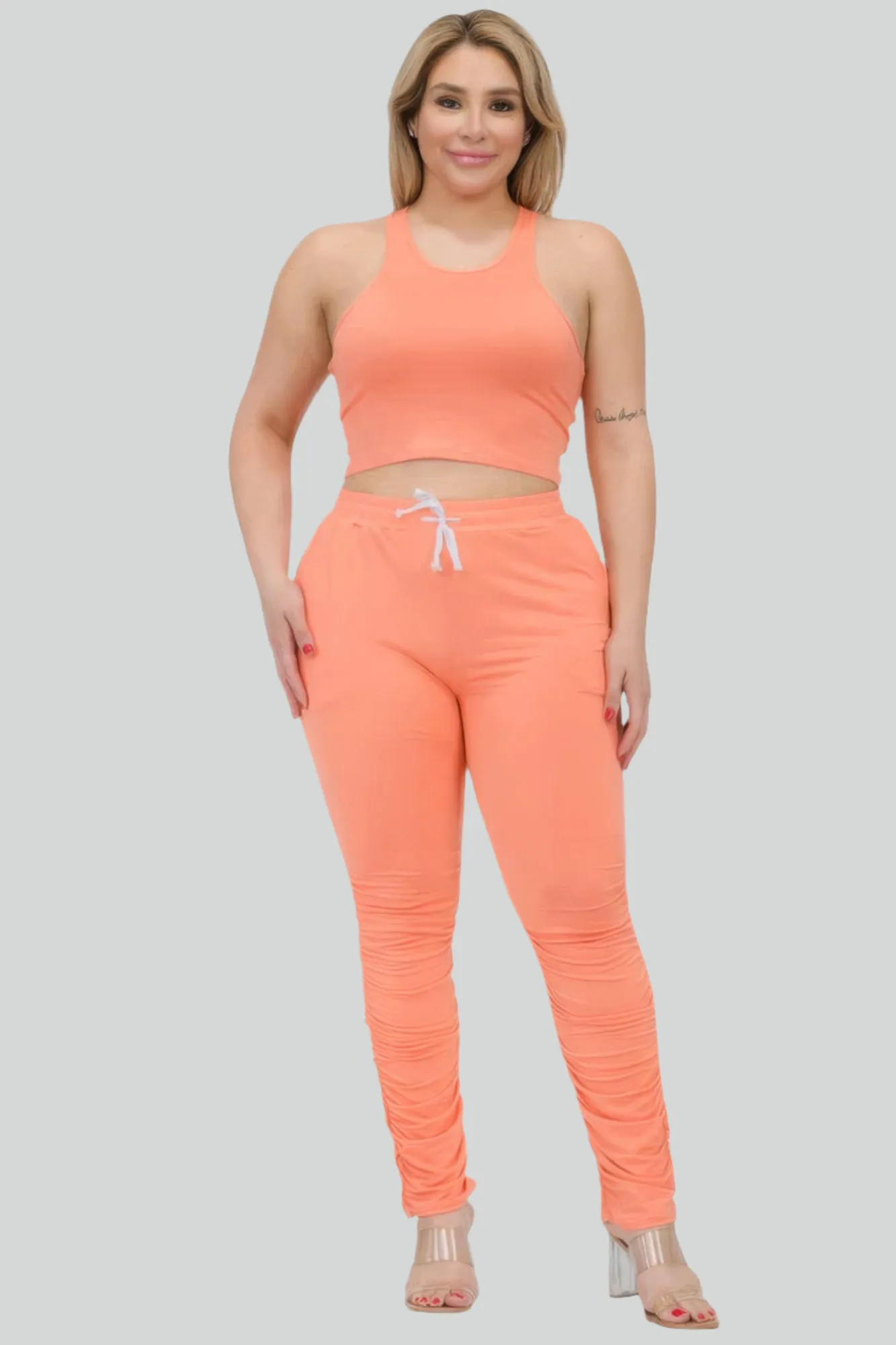 Plus Size Crop Tank Top & Ruched Pants Set