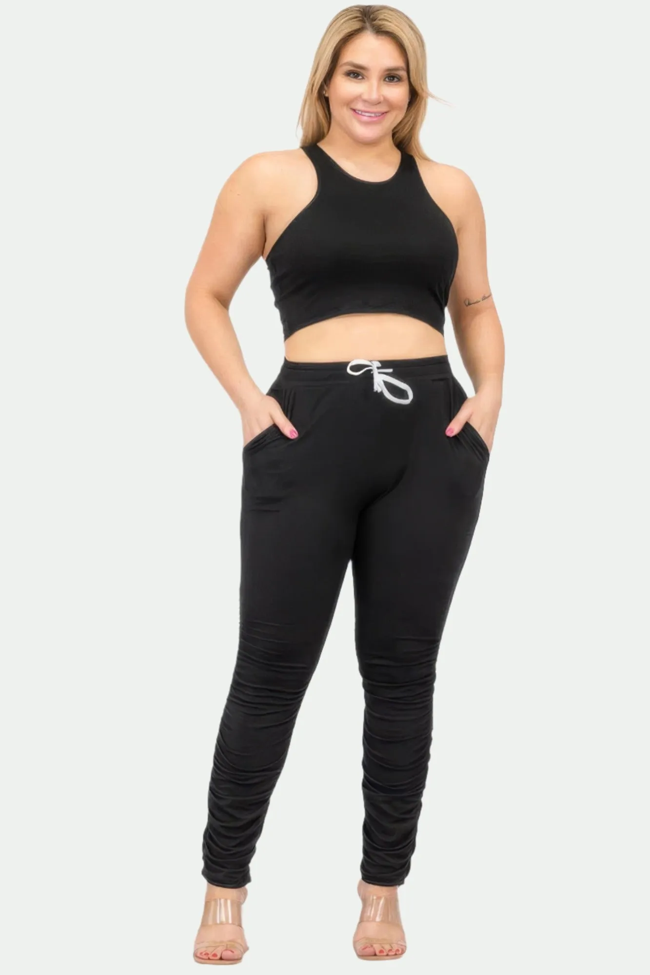 Plus Size Crop Tank Top & Ruched Pants Set
