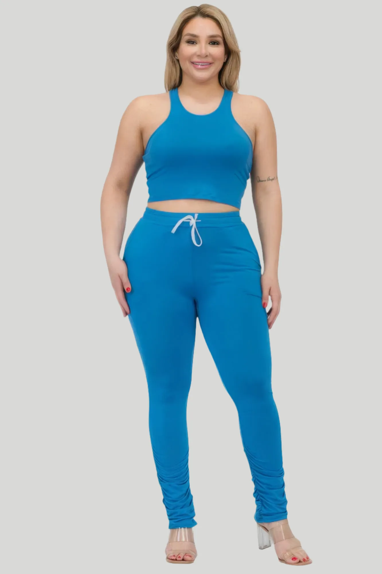 Plus Size Crop Tank Top & Ruched Pants Set