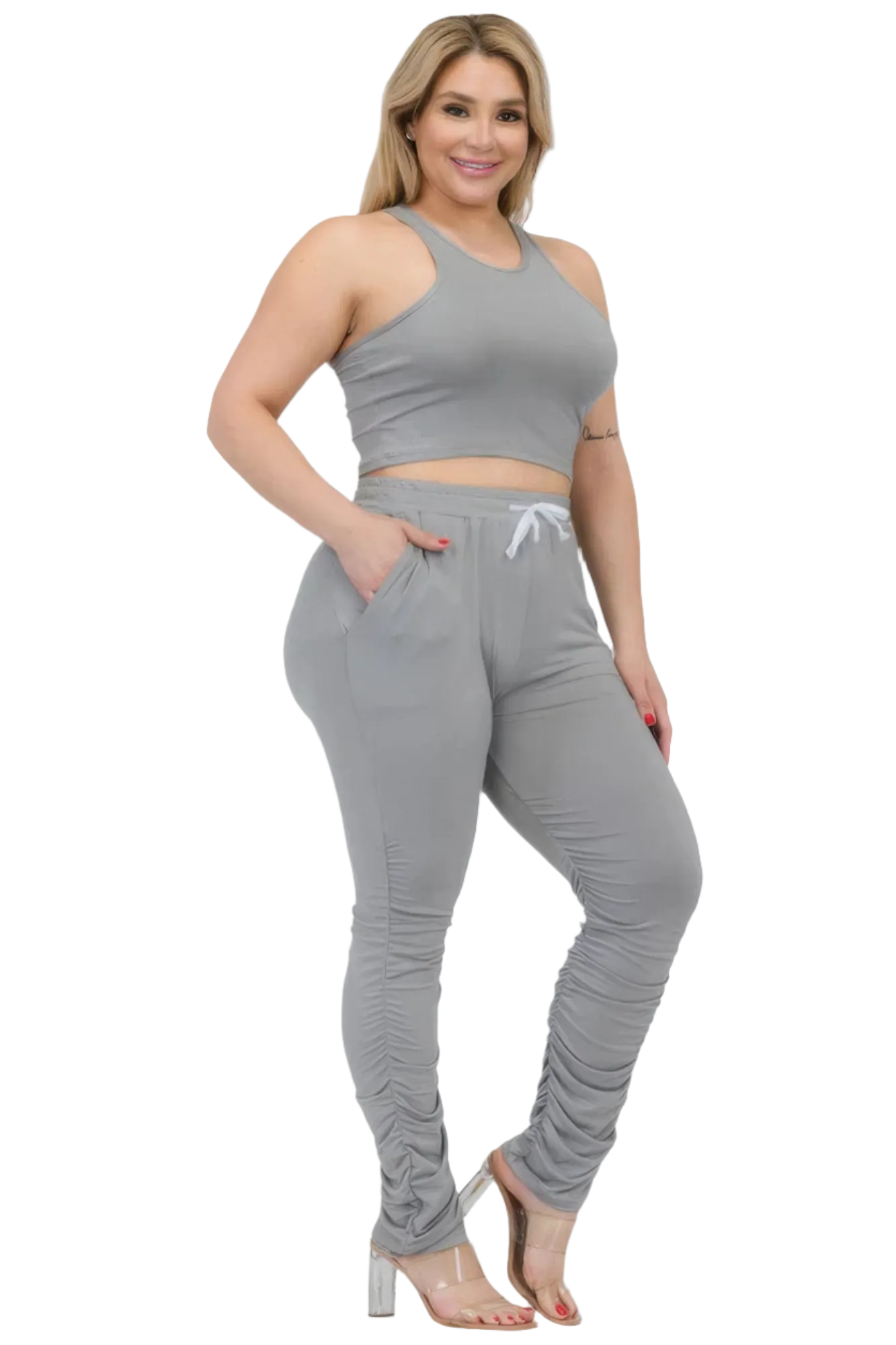 Plus Size Crop Tank Top & Ruched Pants Set