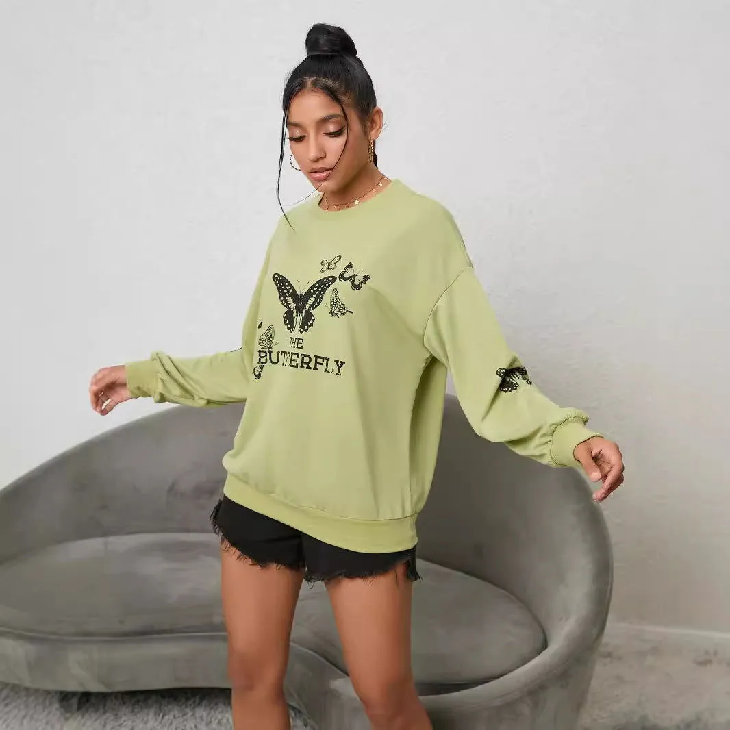 Printing Long Sleeve Crew Neck Sweater Niche Loose Casual Letter Graphic Butterfly Pattern Trend