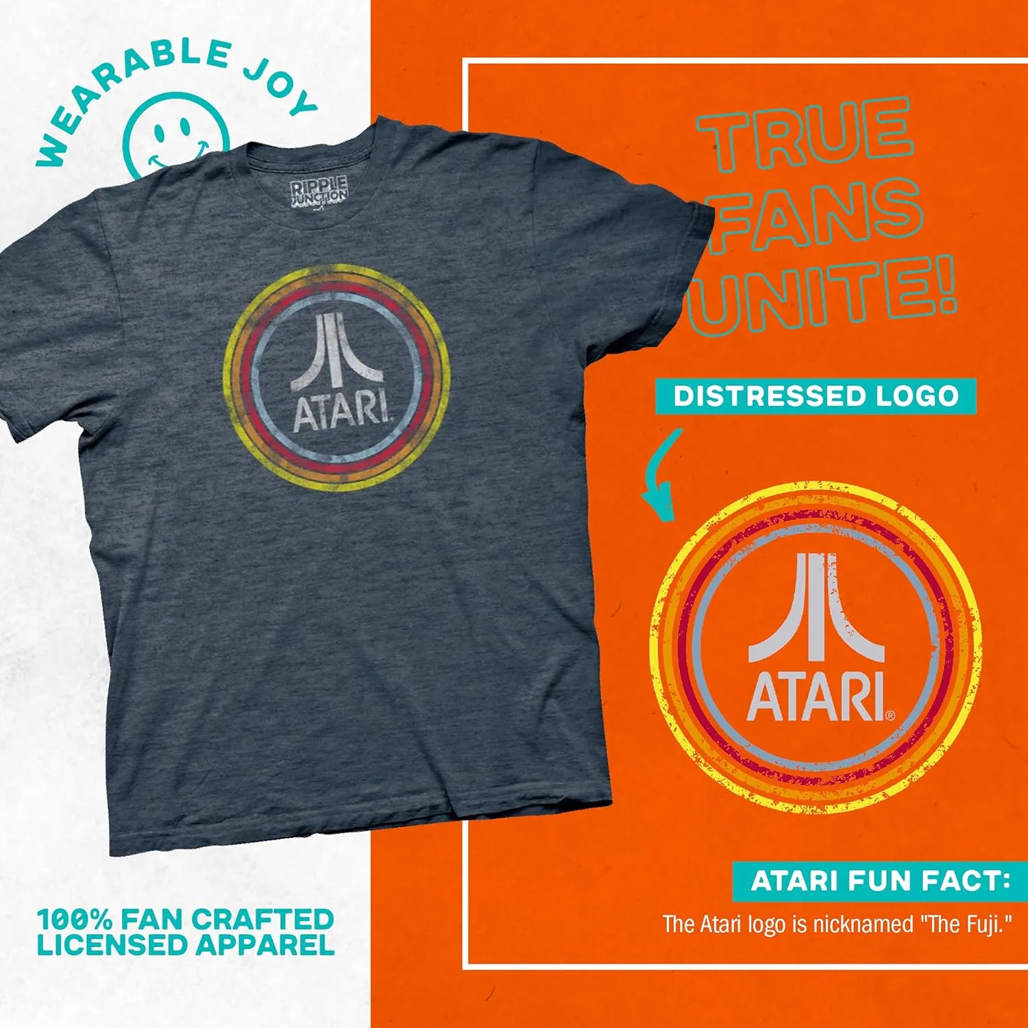 Ripple Junction Atari Men's Short Sleeve T-Shirt Distressed Classic Retro Fuji Logo in Circles Vintage Officially Licensed