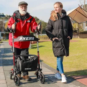 Rollator Walker with Seat Upright Walkers for Seniors w/ Grooved Brake Pads, Mobility Walking Aid, Red Frame