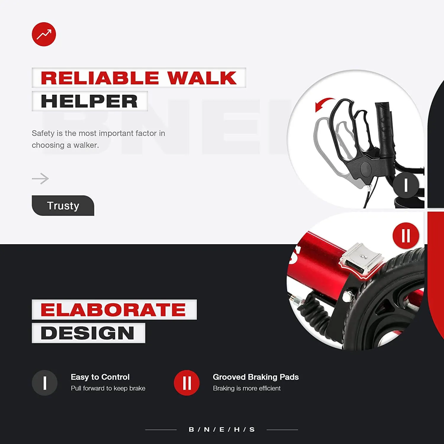 Rollator Walker with Seat Upright Walkers for Seniors w/ Grooved Brake Pads, Mobility Walking Aid, Red Frame