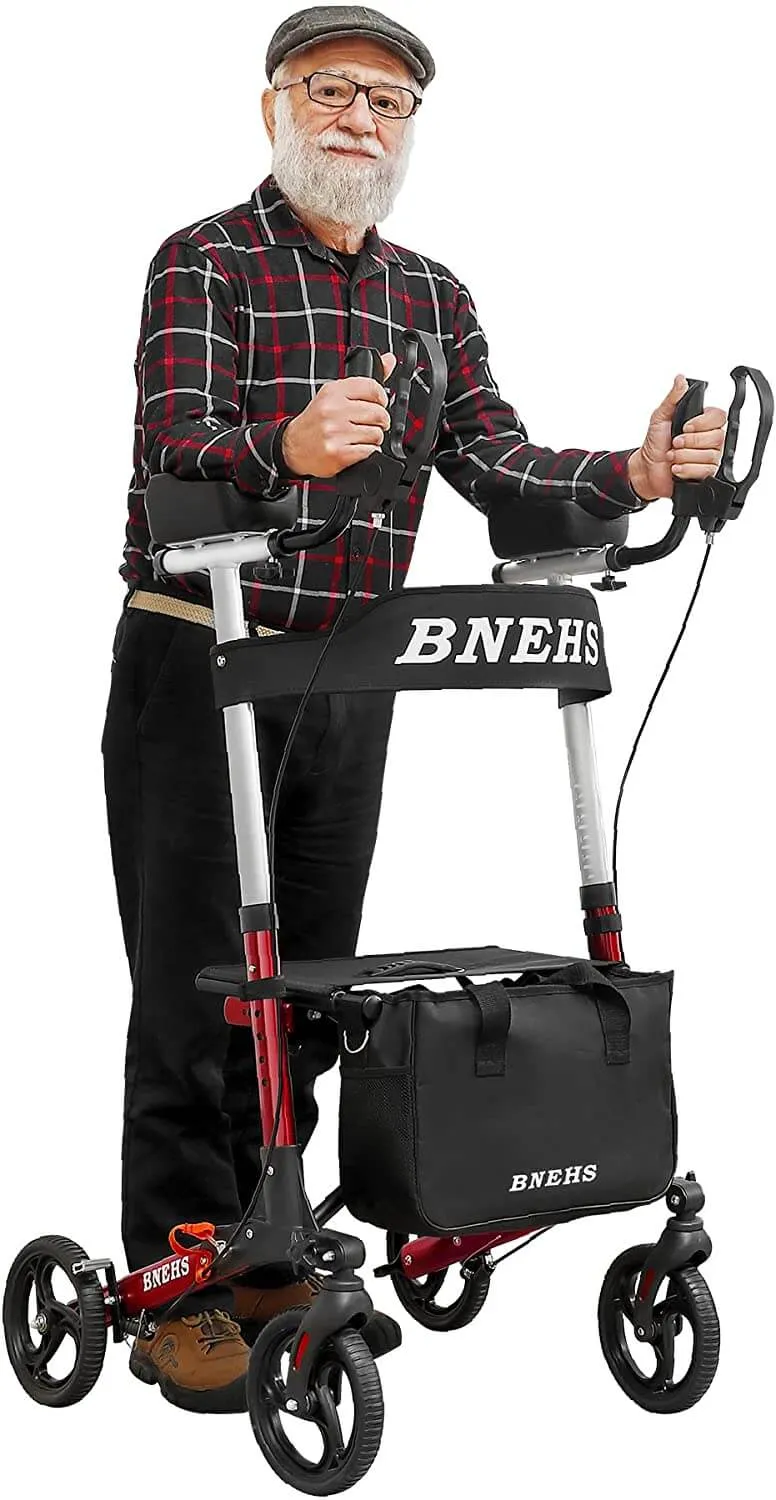 Rollator Walker with Seat Upright Walkers for Seniors w/ Grooved Brake Pads, Mobility Walking Aid, Red Frame
