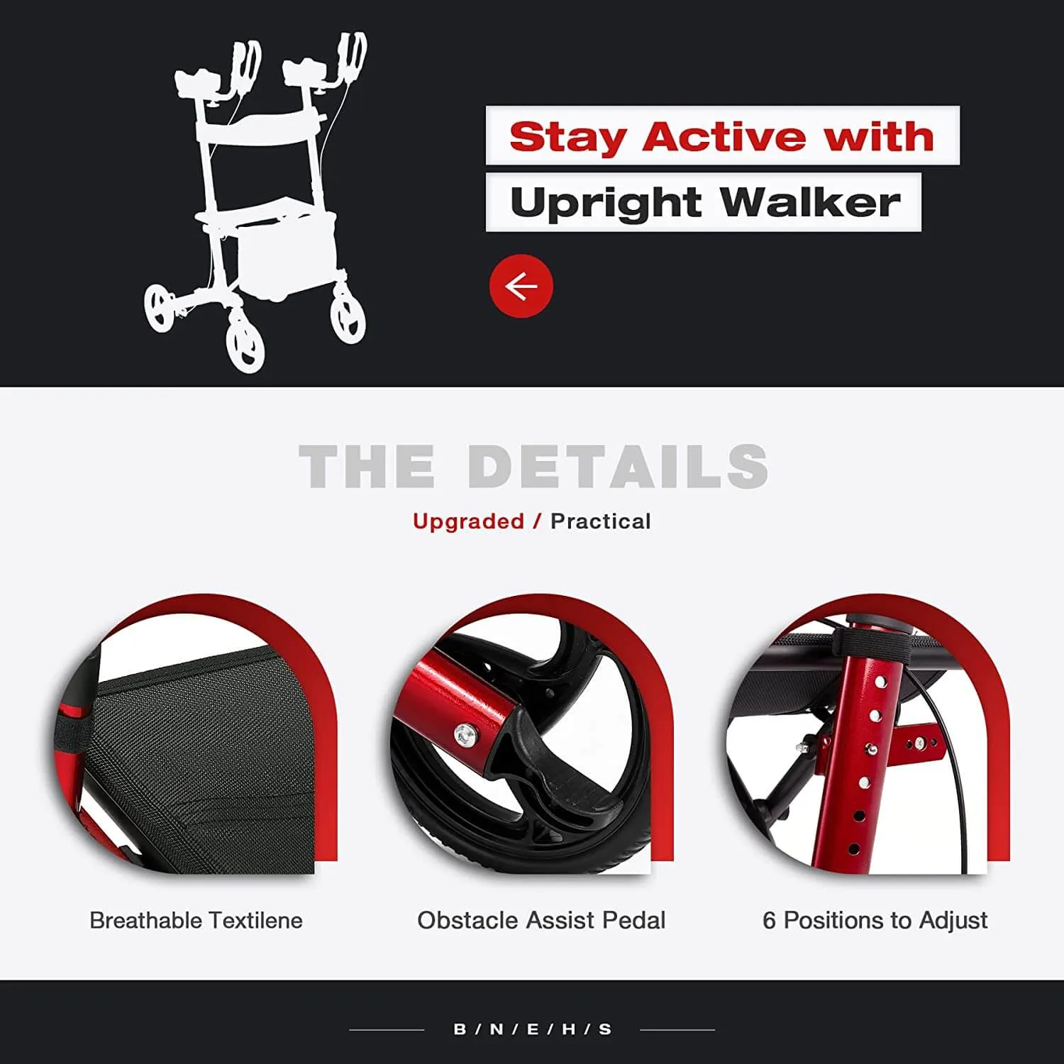 Rollator Walker with Seat Upright Walkers for Seniors w/ Grooved Brake Pads, Mobility Walking Aid, Red Frame