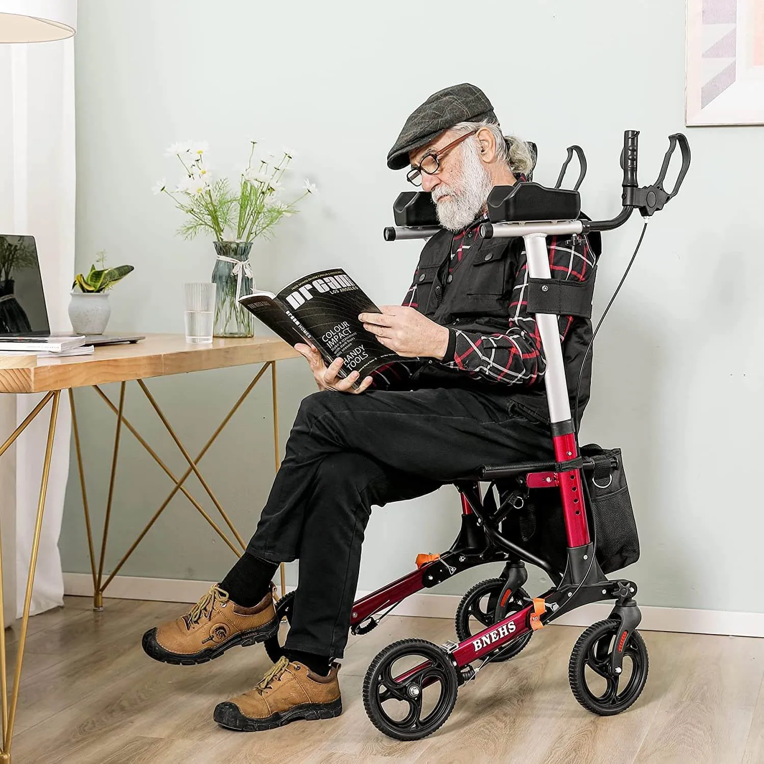 Rollator Walker with Seat Upright Walkers for Seniors w/ Grooved Brake Pads, Mobility Walking Aid, Red Frame