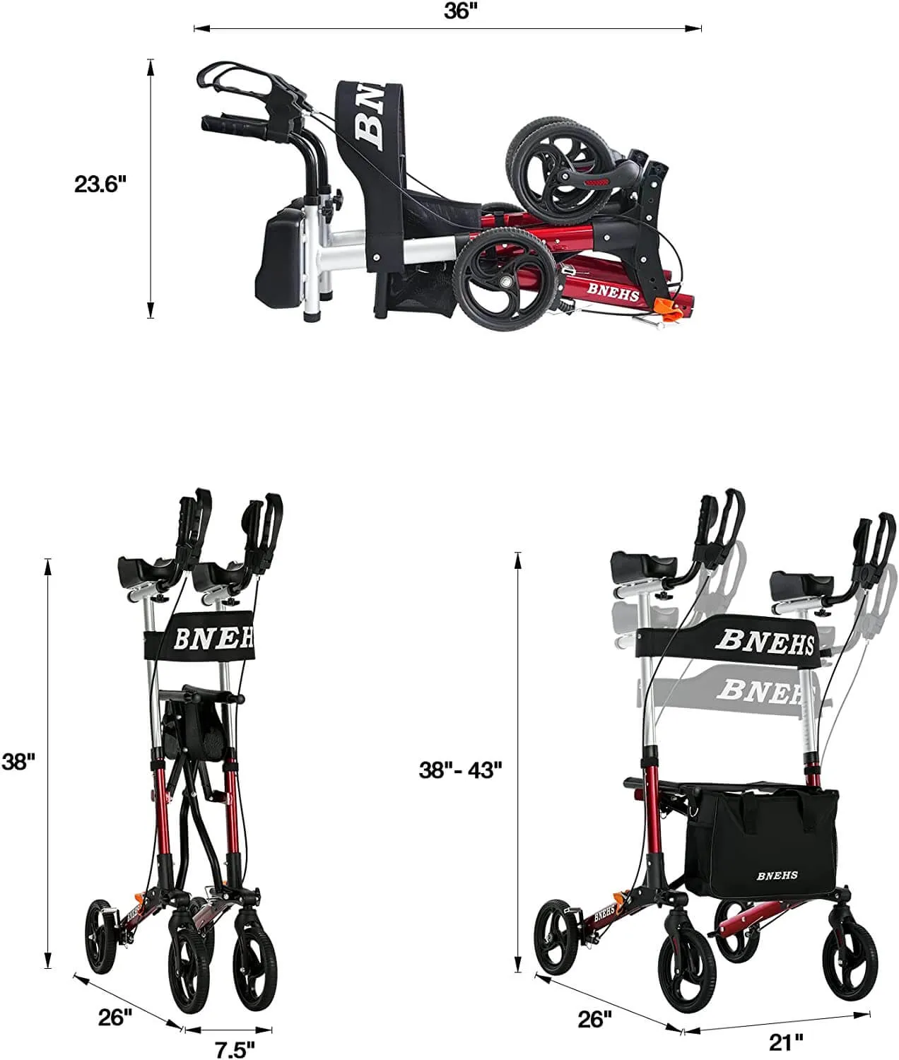 Rollator Walker with Seat Upright Walkers for Seniors w/ Grooved Brake Pads, Mobility Walking Aid, Red Frame