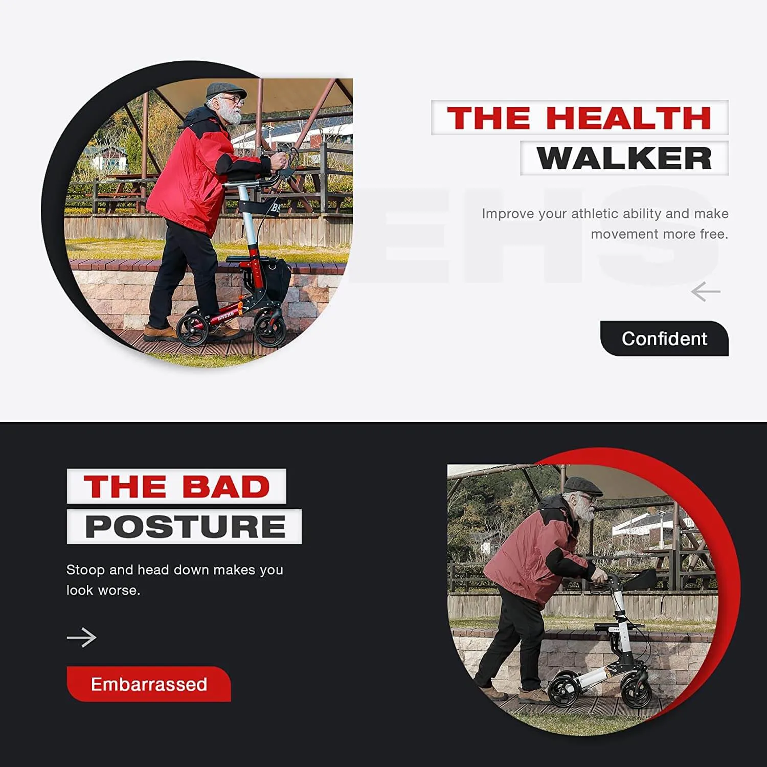 Rollator Walker with Seat Upright Walkers for Seniors w/ Grooved Brake Pads, Mobility Walking Aid, Red Frame