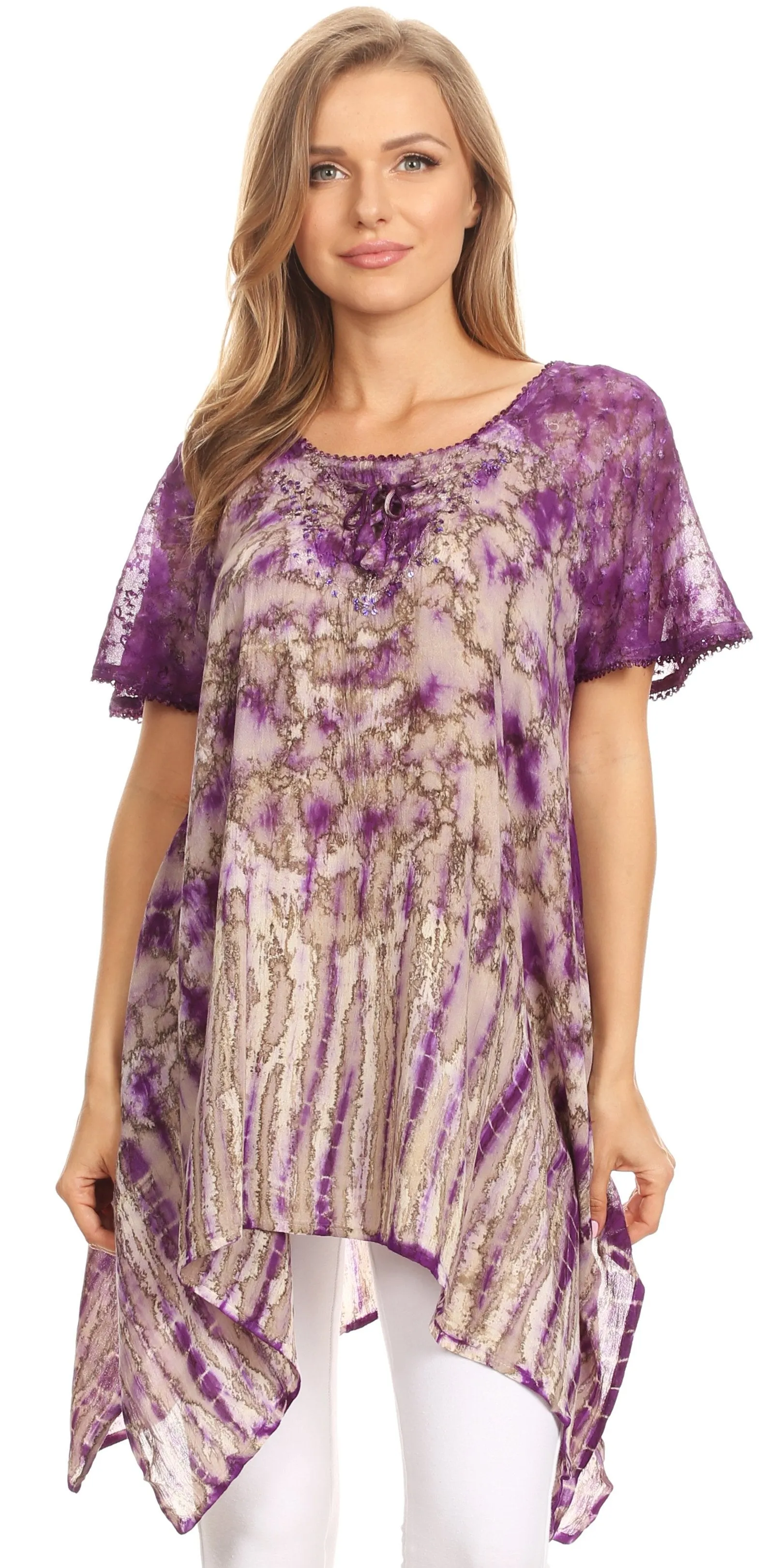 Sakkas Elba Womens Short Sleeves Handkerchief Hem Blouse Top Tie-dye with Sequin