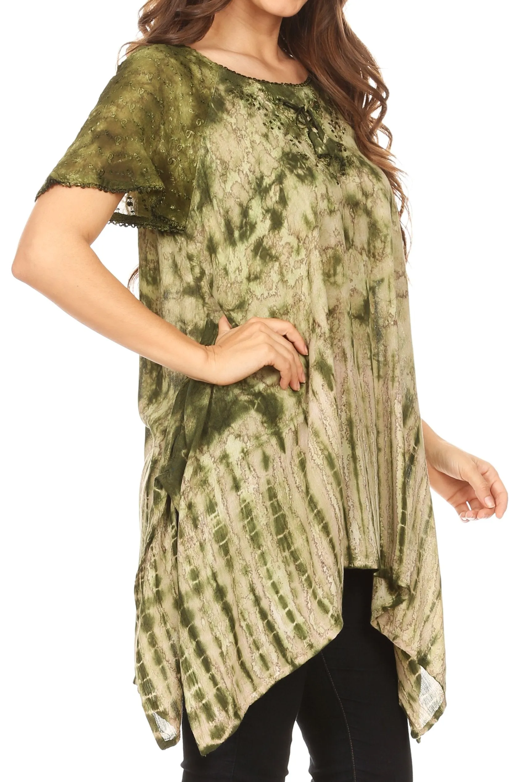 Sakkas Elba Womens Short Sleeves Handkerchief Hem Blouse Top Tie-dye with Sequin