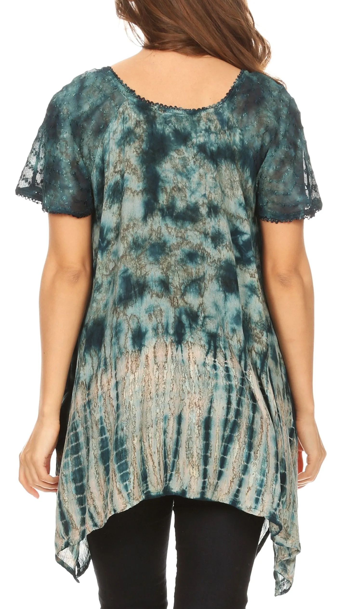 Sakkas Elba Womens Short Sleeves Handkerchief Hem Blouse Top Tie-dye with Sequin