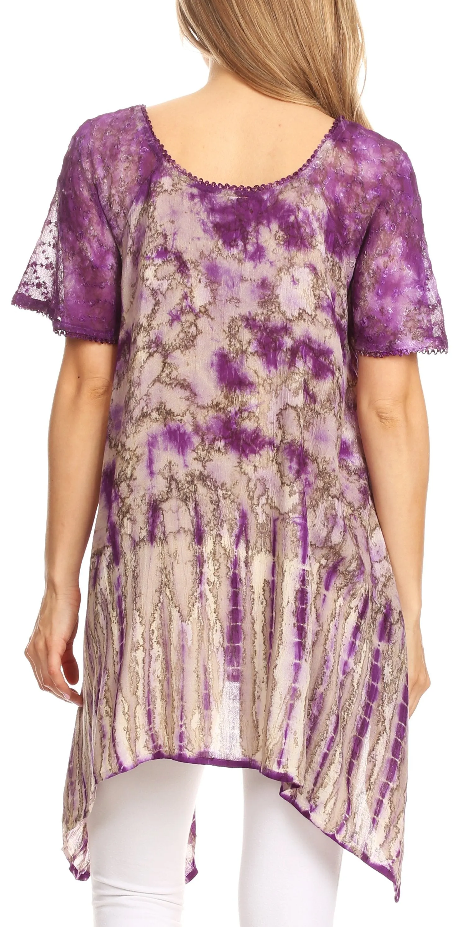 Sakkas Elba Womens Short Sleeves Handkerchief Hem Blouse Top Tie-dye with Sequin