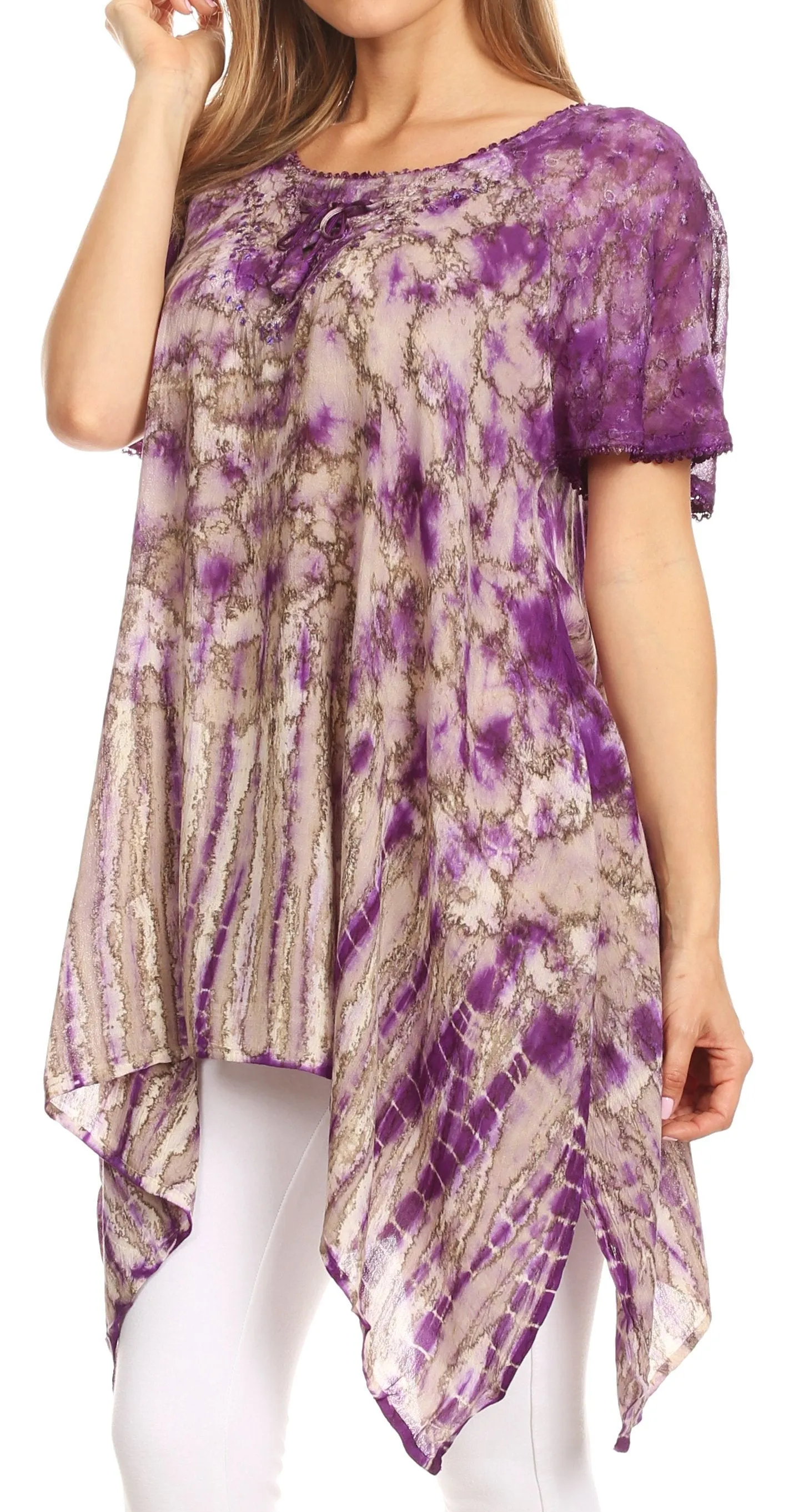 Sakkas Elba Womens Short Sleeves Handkerchief Hem Blouse Top Tie-dye with Sequin