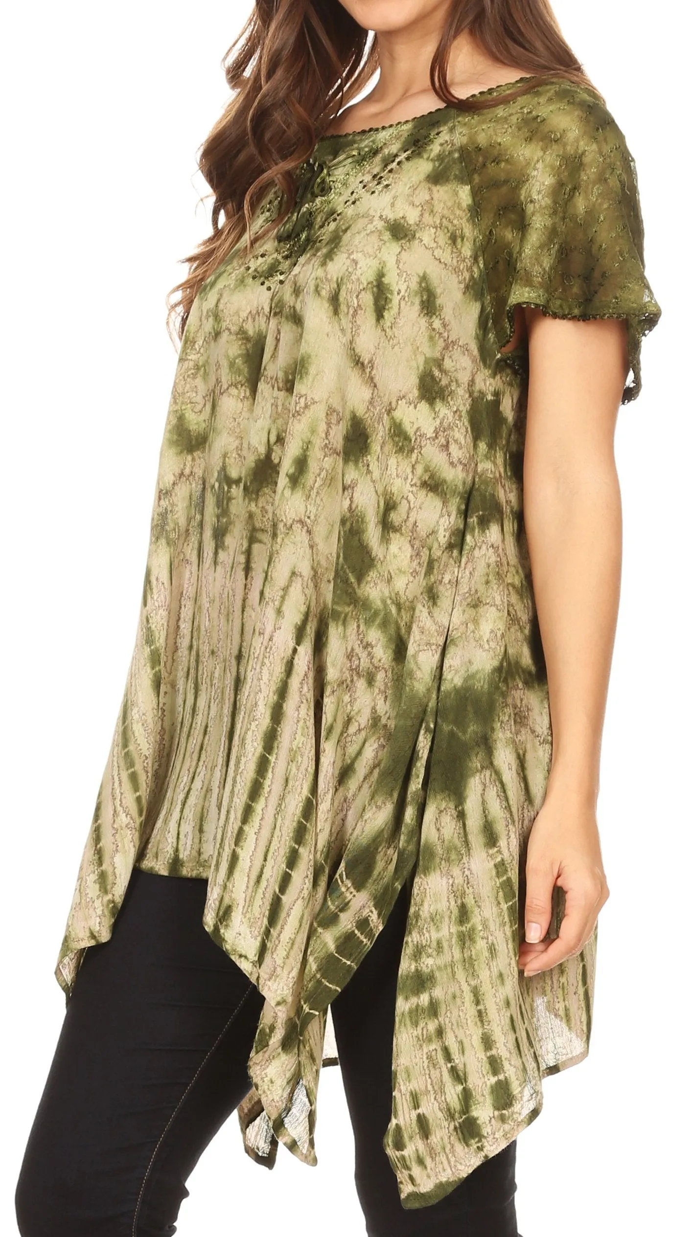 Sakkas Elba Womens Short Sleeves Handkerchief Hem Blouse Top Tie-dye with Sequin