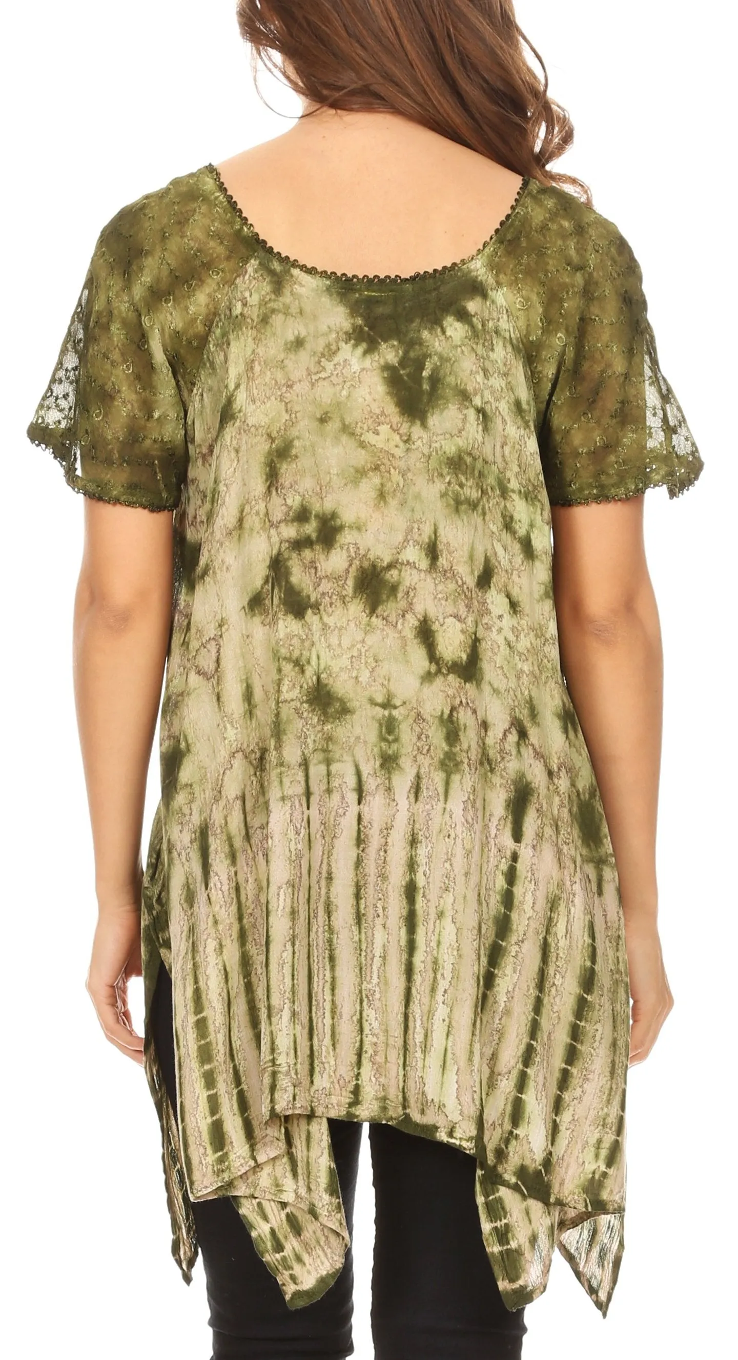 Sakkas Elba Womens Short Sleeves Handkerchief Hem Blouse Top Tie-dye with Sequin