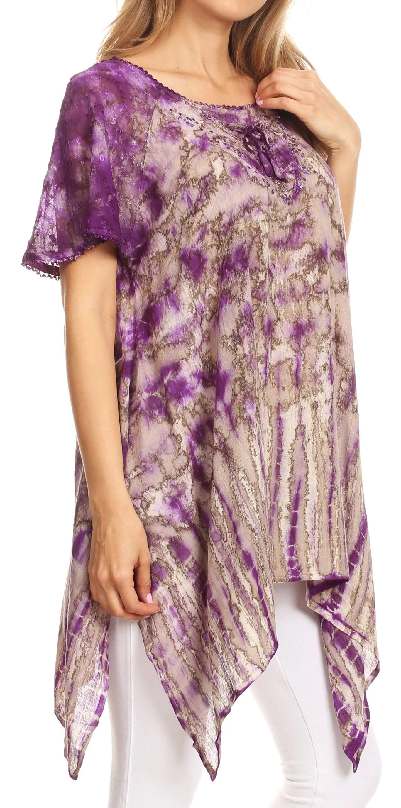 Sakkas Elba Womens Short Sleeves Handkerchief Hem Blouse Top Tie-dye with Sequin